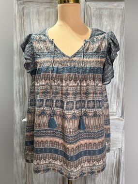 NWOT Lucky Brand Boho-Style Ruffle Cap Sleeve Blouse (S)
